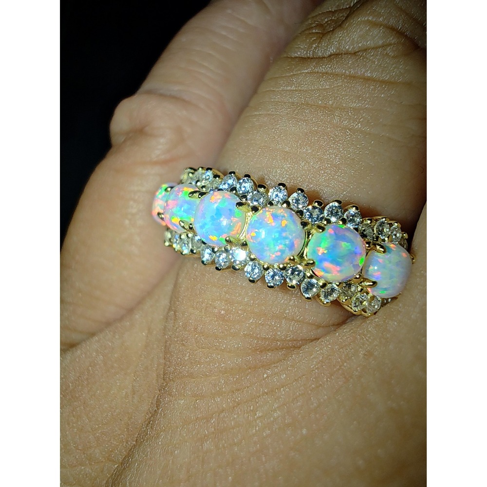 Ring 925 Sterling Silver White Opal Gold Tone Multi Stone Band Size 8